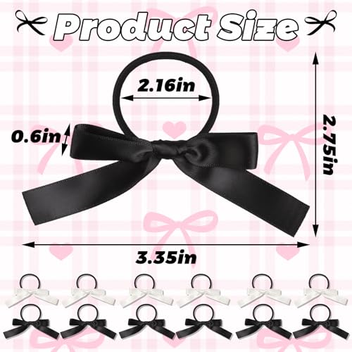 12PCS Silky Satin Hair Bows Ties for Girls and Women, Black and White Ribbon Ponytail Holder Elastics