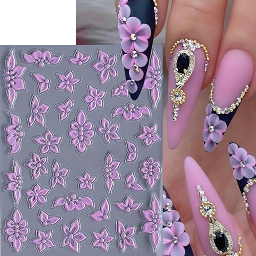 Quezadyl 6 Sheets 5D Embossed Floral Nail Stickers Colorful Flower Art Decals