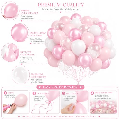 Pink and White Balloons 60-Piece 12-Inch Latex Balloon Kit for Party Decor
