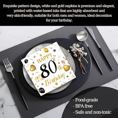 50-Pack 80th Birthday Paper Napkins - White & Gold Elegant Design