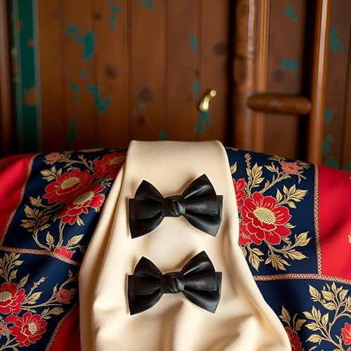 Black PU Leather Bow Hair Clip Set - 2 Pcs Korean Style Duckbill Barrette