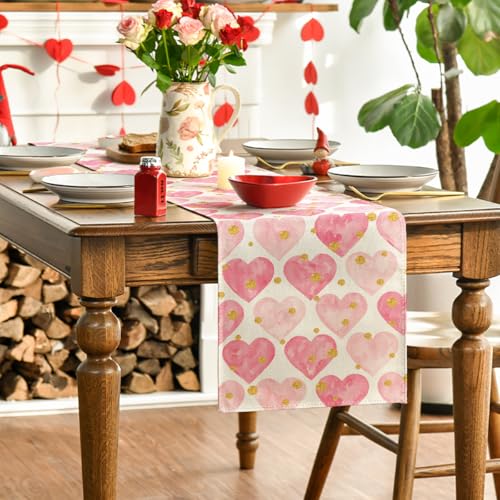 Pink Hearts Valentine's Table Runner 13x90 Inch Home Decor for Dining