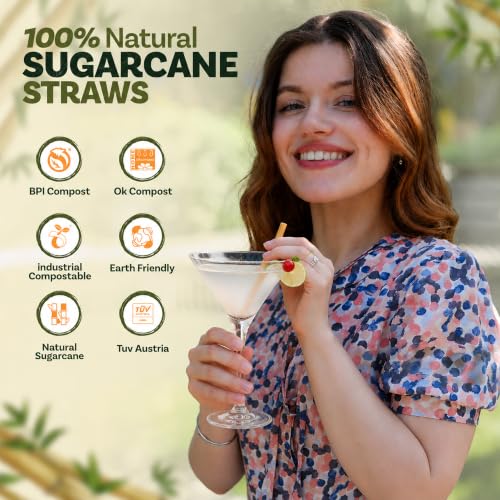 Weemium Biodegradable Sugarcane Cocktail Straws - 200 Count, 5 Inch