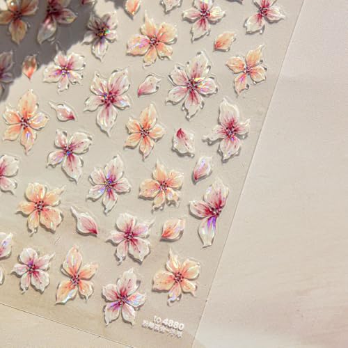5D Pink Flower Nail Stickers Embossed Floral Nail Art Decals DIY Manicure