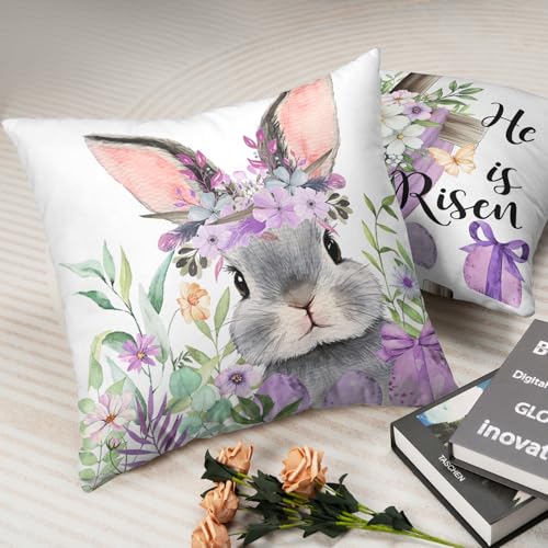 Easter Throw Pillow Covers - 2 Pack Floral Cross & Bunny 18x18