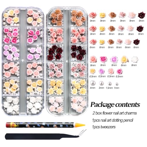 3D Flower Nail Charms with Pearls, Camellia Rose Floral Jewelry Set