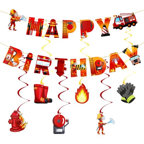 Firetruck Birthday Party Decorations Set with Banner and Hanging Swirls