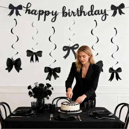 Elegant Black Bow Birthday Banner and Swirls Decorations