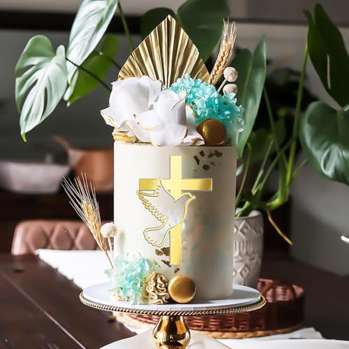 Gold Mirror Acrylic Cross Dove Cake Topper - 5" for Baptism & Communion