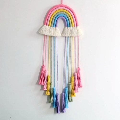 Honcas Rainbow Macrame Wall Hanging - Hand-Woven Cotton Tassel Tapestry Decor for Baby Room, Nursery, and Home Decor (Pink Rainbow)