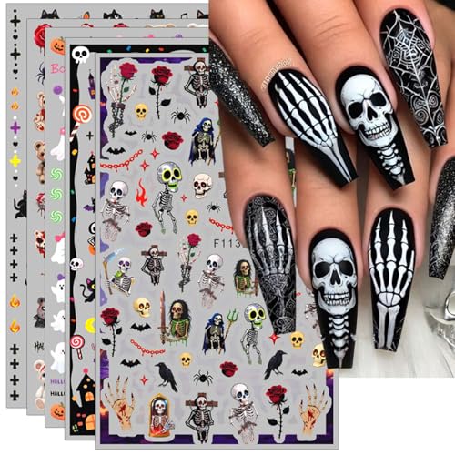 TailaiMei Halloween Nail Stickers - 5 Sheets Pumpkin & Bat Self-Adhesive Decals