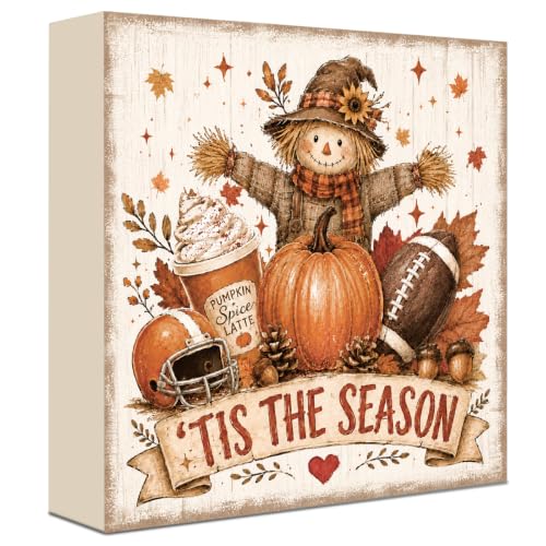 Fall Football Pumpkin Wood Sign, 5x5 Inch Autumn Shelf Decor (FALL81)