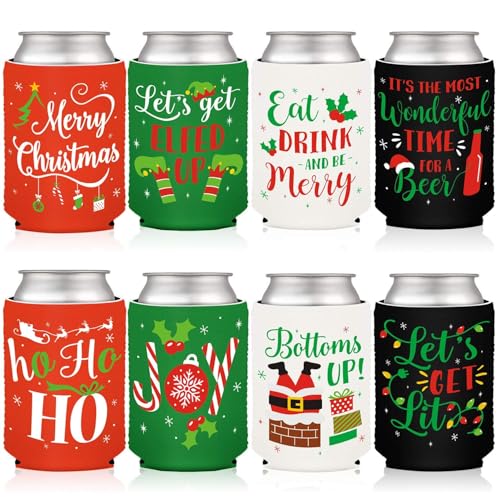 CiyvoLyeen Christmas Can Sleeves Set of 12 - Holiday Neoprene Drink Coolers with Festive Sayings