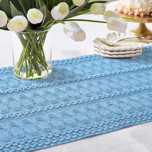 Boho Table Runner Blue Macrame with Tassels 12x60 Inches Rustic Farmhouse Decor