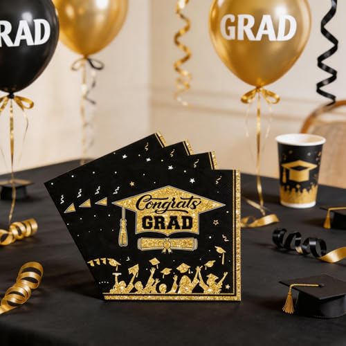 Graduation Napkins Class of 2026 - 20 Pcs Black & Gold Disposable