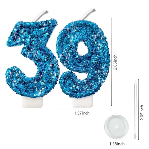 Blue Glitter Number Candles for Birthdays - 2.8" Birthday Cake Decor