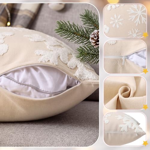 Christmas Snowflake Pillow Covers 18x18 Inches Set of 2 - White Cotton Canvas Holiday Decor