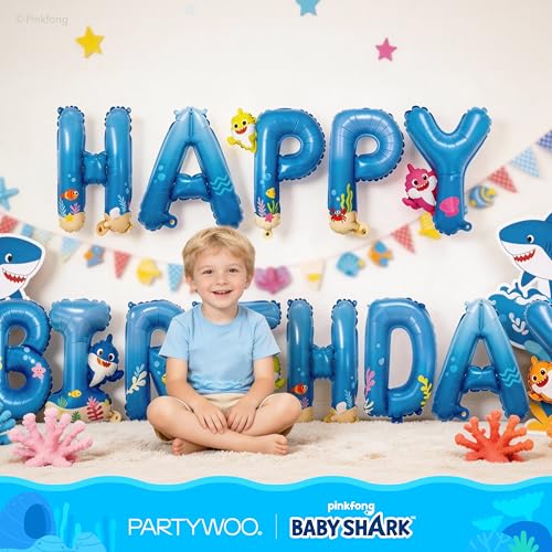 Blue Baby Shark Happy Birthday Banner Balloons - 16 Inch