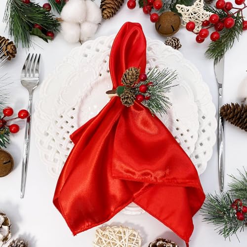 Christmas 16pcs Napkins & Rings Set Snowy Pine Cone Poinsettia Red Berry - Middle