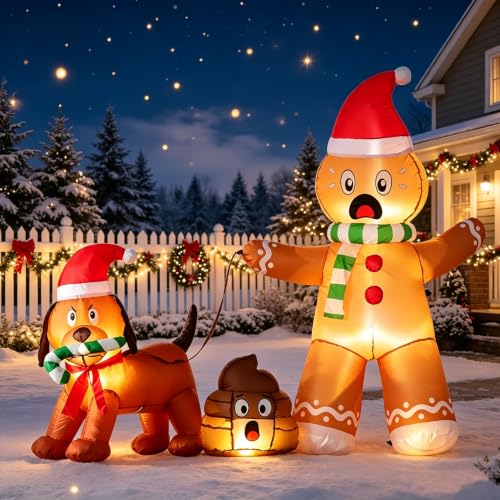 Gingerbread Man Inflatable Yard Decor - Walking Dog with Poop, Christmas LED Outdoor Xmas Holiday