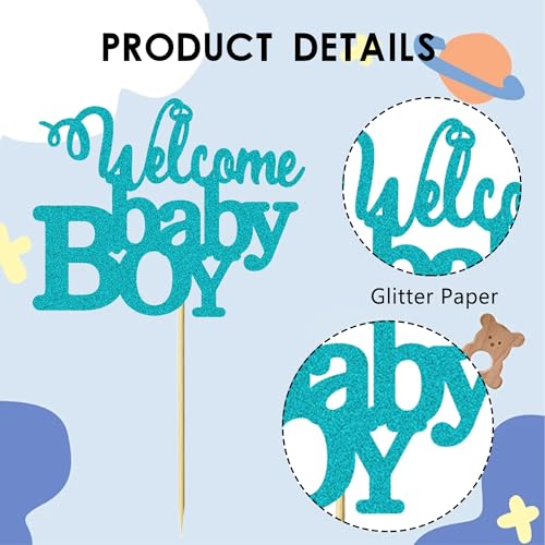 Blue Glitter Welcome Baby Boy Cake Topper for Baby Showers