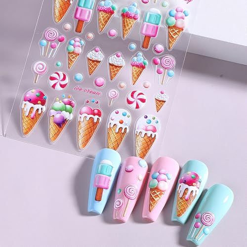 IDDFEVE Dessert Nail Art Stickers - Ice Cream & Lollipop Decals (3 Sheets)