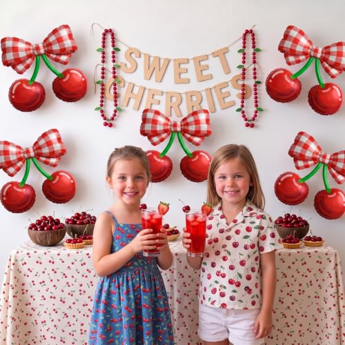 Red Plaid Cherry Foil Balloons - Fruit Theme Party Supplies, 6 Pack