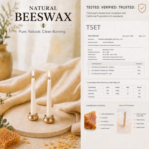 Natural Beeswax Meditation Candles 20 Pack - 3.15 Inch Dripless Ritual Candles with Brass Holder
