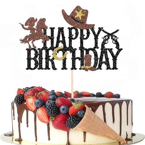 Western Cowboy Happy Birthday Cake Topper - Glitter Design