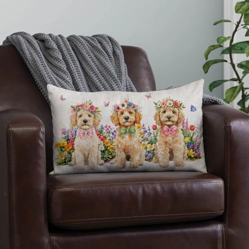 Golden Dog Decorative Pillow Cover 12x20 Inch with Floral Design