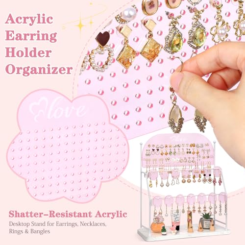 Keebofly Pink Acrylic Earring Organizer Stand with 300 Holes & 14 Hooks