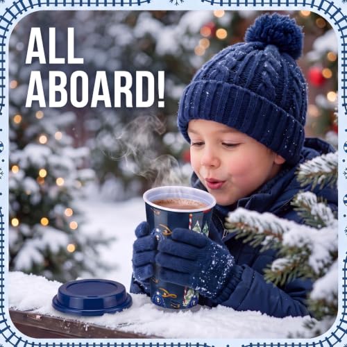 Christmas Train Plastic Coffee Cups 16 oz with Lids - 25 Pack - Blue Winter Design