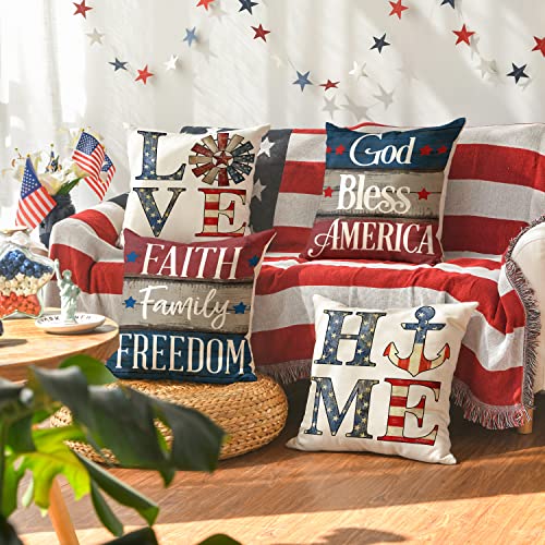 Patriotic Throw Pillow Covers 18x18 Set of 4, God Bless America Sofa Decor
