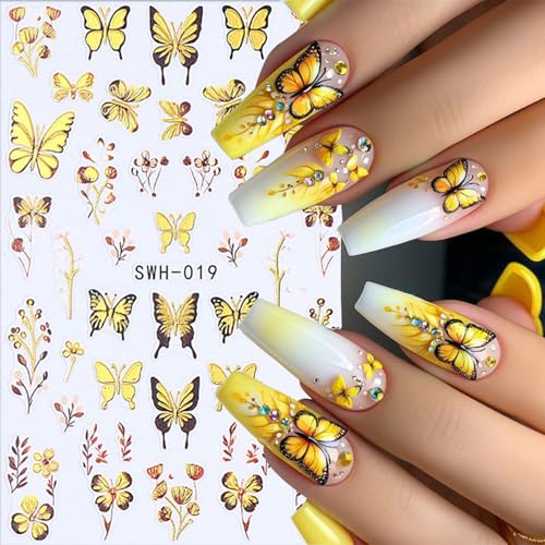 Butterfly Nail Art Stickers 3D Self-Adhesive Gold Blue Decals (6 Sheets)