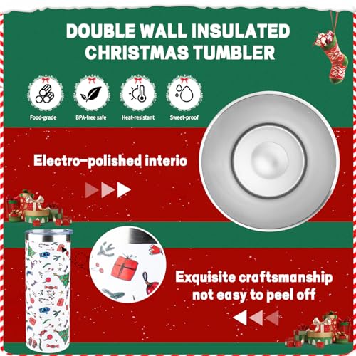 2 Pack Christmas 20oz Stainless Steel Skinny Tumblers with Lid & Straw - Holiday Gift