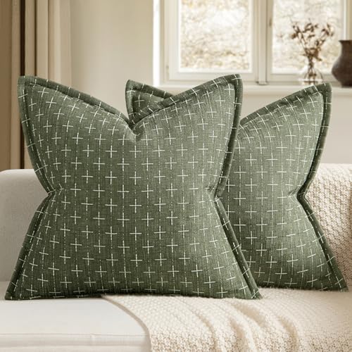 MIULEE Olive Green Burlap Linen Throw Pillow Covers 18x18" - Set of 2