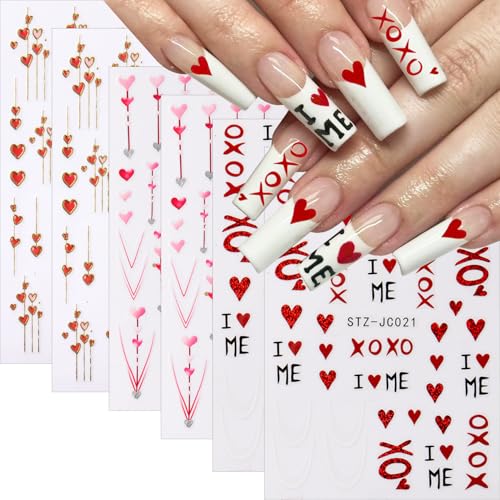 Valentines Nail Stickers 6 Sheets Self-Adhesive Red Heart Decals