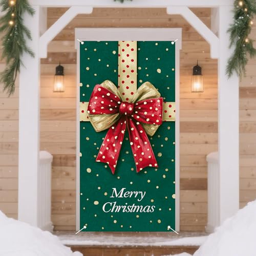 Christmas Bow Dots Door Banner - 35x71 Inches Polyester Decor
