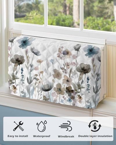 Falaniique 28x20x3.5 Watercolor Floral Indoor AC Cover with Double Insulation, Waterproof & Adjustable - Saddlebrown