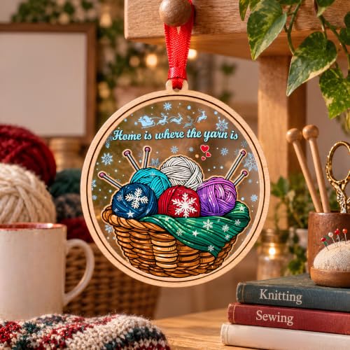 Knitting Ornament - Christmas Tree Decor for Knitting Lovers - Blue, Red, Purple & White Yarn Balls - Holiday Gift Idea