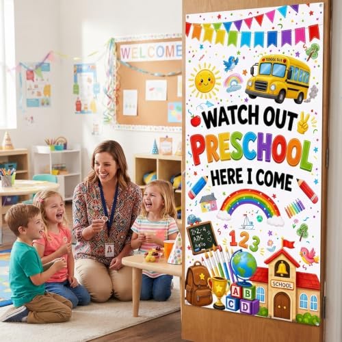 Watch Out Preschool Door Banner - 35x72 inch White School Welcome Backdrop