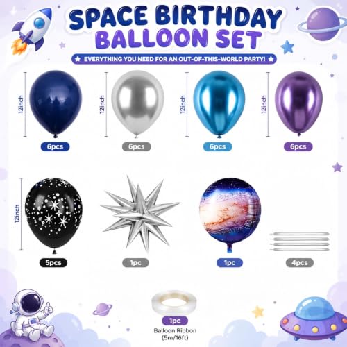 Galaxy Space Balloons Set - 35pcs Navy Blue Purple Silver Metallic Party Decorations