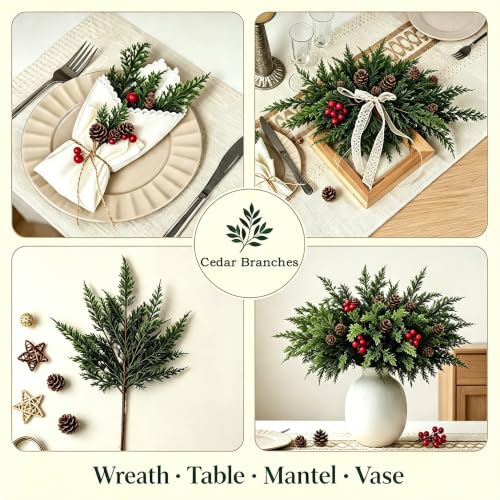 Artificial Cedar Branches 16 Pcs 18 Inch Faux Pine Stems for Holiday Decor