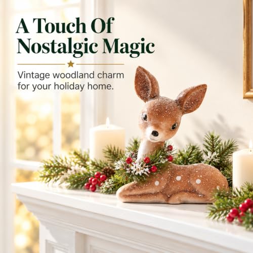 Woodland Fawn Figurine with Holiday Wreath - 6 Inch Resin Christmas Decor
