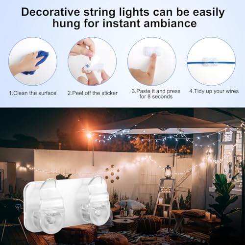 FALDAA 50Pcs Outdoor Light Clips, Heavy Duty Waterproof Double-Hook Hangers with Adhesive Strips and Screws for Patio String Lights