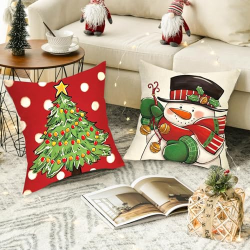 Christmas Pillow Covers Set of 4 - 18x18 Inch Santa & Snowman Decor