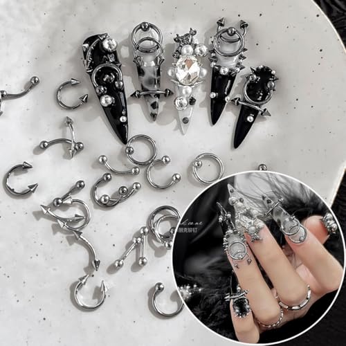 50Pcs Gothic Nail Charms Y2k Silver Piercing Spikes & Rhinestones