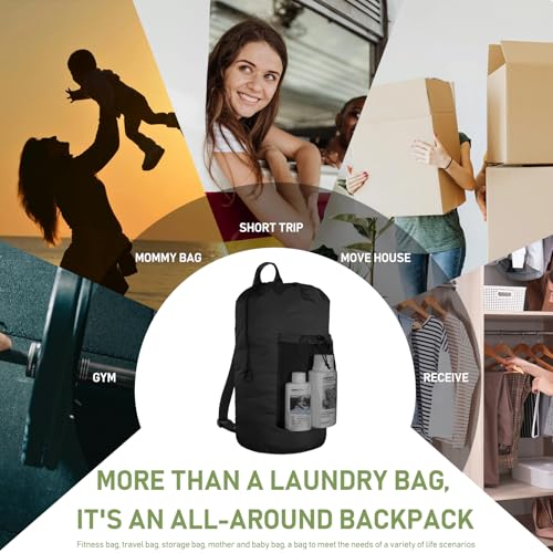 Large Backpack Laundry Bag with Shoulder Straps - Durable Polyester Hamper for College & Travel (Black)