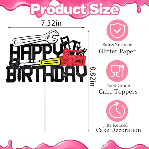 Mechanic Themed Happy Birthday Cake Topper - Glitter Tool Design