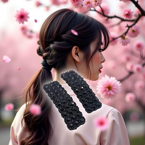 Black Rhinestone Snap Hair Clips Rectangular Hair Barrettes 2Pcs